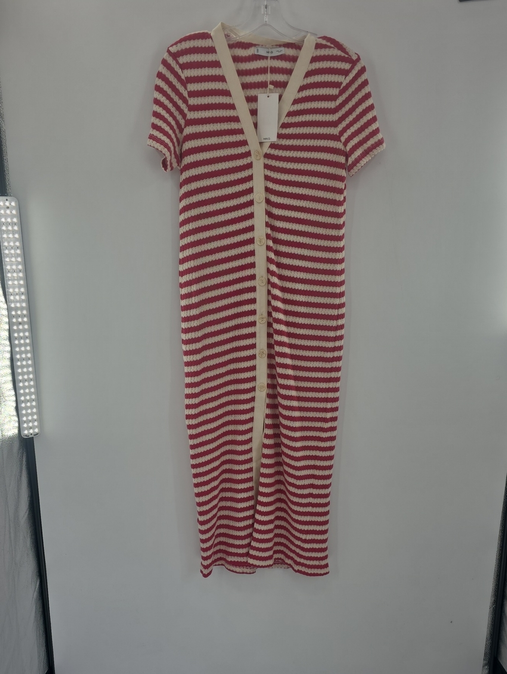 Mango Striped Midi Button-Front Dress in Red and Cream